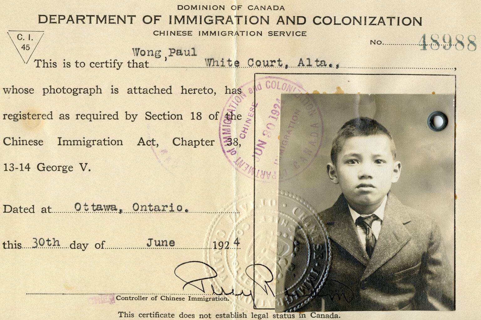 C.I.45 1924 WONG Paul. White Court, Alta. Paul was the first child from his family to be born on Canadian soil. His mother arrived in Canada on Sept 27, 1912 heavily pregnant with him. Two weeks later, on October 11, Paul was born. Growing up, he moved around with his family — BC, Alberta and Saskatchewan — where his father (Wong Wing Yun) worked and owned small town cafes, grocery stores and laundromats. His father had arrived in Canada in the 1880s to work on the railroad. The Great Depression of the 1930s left the family hungry and desperate at times. Legend has it, that Paul’s mother (Poon Lin Tsing) caught a skunk and fed it to the family for supper. In 1947, Canadian citizens of Chinese descent get the right to vote. Paul never missed his chance to vote in every election after until he died in 2004.
